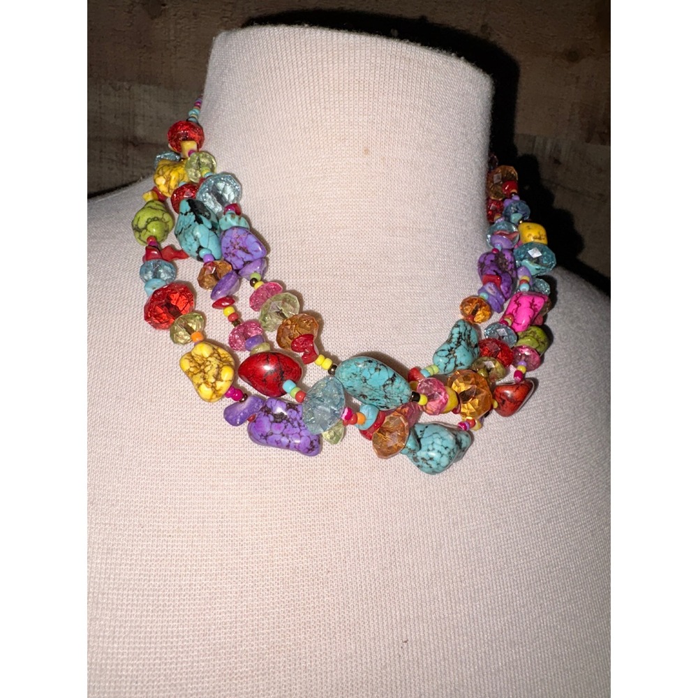 Bohemian Multi Strand Gemstone Chip Seed Bead Statement Necklace Multicolor 20in